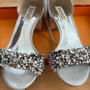 Badgley Mischka Silver Crystal-Embellished Open-Toe Block Heels